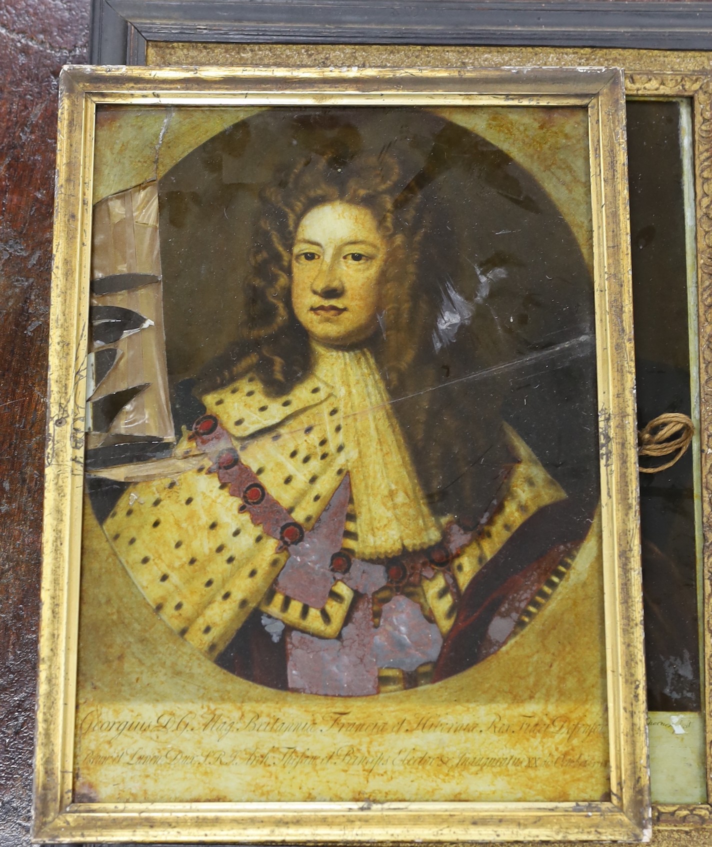 Spencer after Benwell, reverse print on glass, 'The Studious Fair', 36 x 26cm, together with four other damaged reverse prints of John Wilkes, George II and George III